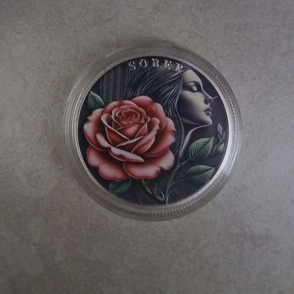AA Sobriety Recovery Challenge Coin with Rose and Woman Design